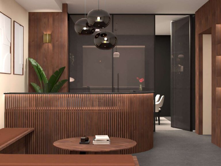 Reception elegante con boiserie in legno a doghe verticali, tavolino tondo e pareti in vetro fumé