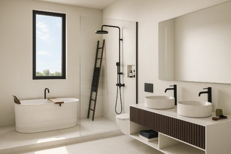 Bagno moderno con lavabo in appoggio, specchio circolare retroilluminato e doccia walk-in con finiture dorate