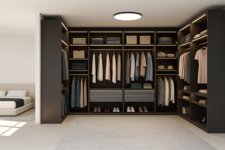 Cabina armadio su misura con scaffalature in legno scuro e illuminazione integrata