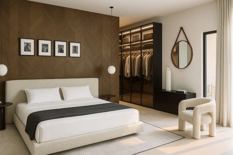 Camera matrimoniale con boiserie in legno, armadio a vista con vetro fumé e letto tessile