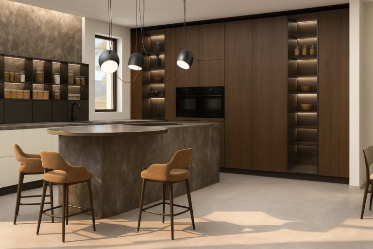 Cucina moderna con isola in marmo, colonne in legno scuro e sedute imbottite