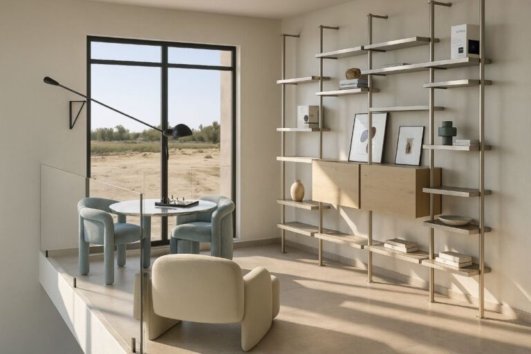 Angolo lettura con poltroncine moderne, tavolo tondo e libreria a giorno in una villa di lusso a Dubai