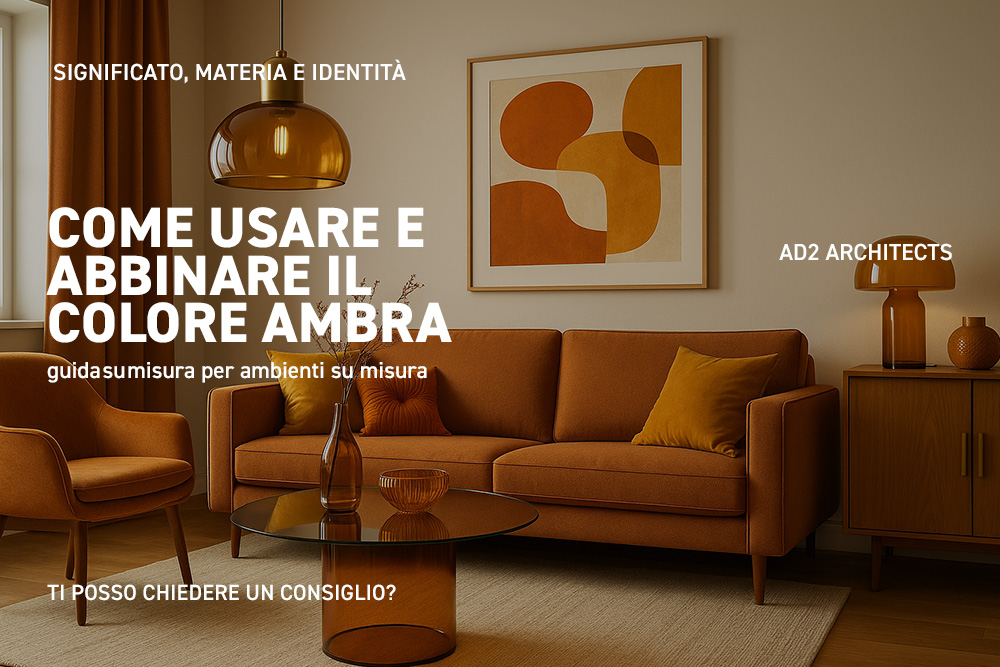 Immagine con soggiorno moderno in tonalità ambra e testo su come abbinare il colore ambra negli interni.
