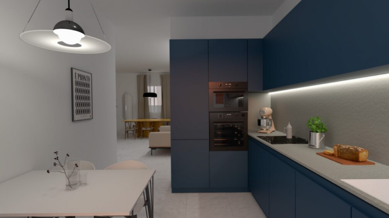 Cucina a parete blu petrolio con elettrodomestici a incasso, tavolo pranzo e finiture moderne.