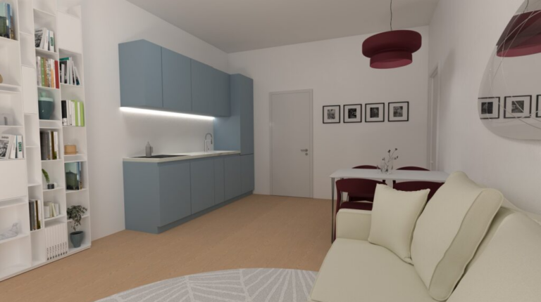 Zona giorno con cucina lineare azzurro polvere, tavolo da pranzo e libreria bianca su misura, interior design nordico.