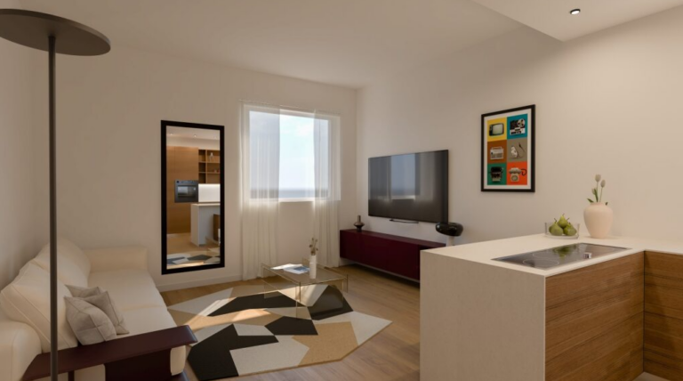 Salotto moderno con divano crema, TV a parete e tappeto geometrico, accenti cromatici pop.