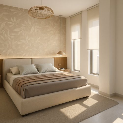 Camera matrimoniale con carta da parati beige e arredi sospesi, design elegante a Dubai