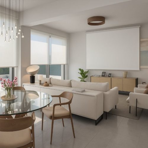 Soggiorno luminoso con divano bianco e tavolo in vetro, interior design moderno a Dubai