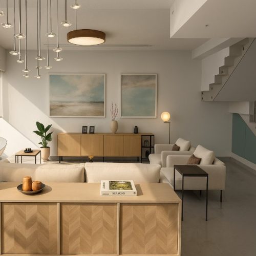 Soggiorno moderno con madia in legno e scala sospesa, progetto interior design Dubai