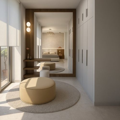 Cabina armadio con specchio a tutta altezza e vanity su misura, arredamento moderno a Dubai