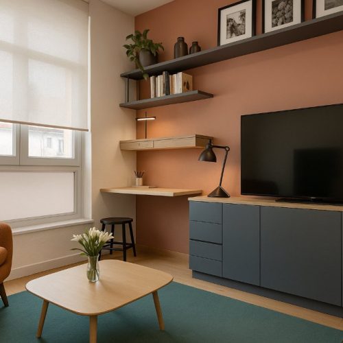 Studio multifunzionale con parete terracotta e mobile su misura, interior design Dubai