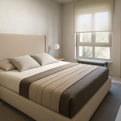 Camera da letto moderna con letto imbottito e luce naturale, progetto Dubai