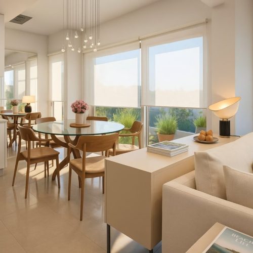 Sala da pranzo luminosa con arredi in legno e cucina a vista, interior design Dubai