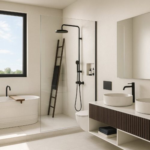 Bagno moderno con lavabo in appoggio, specchio circolare retroilluminato e doccia walk-in con finiture dorate