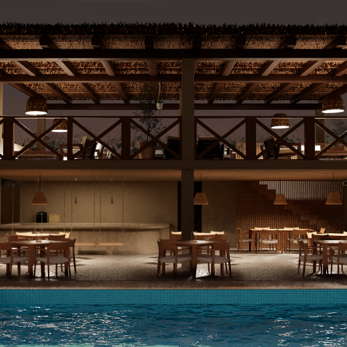Struttura in legno a due piani del bar-ristorante Habita, con illuminazione notturna e vista piscina.