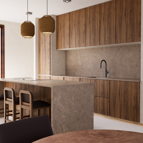 Cucina AD2 Habita con materiali naturali, isola centrale in pietra e arredi in legno su misura.