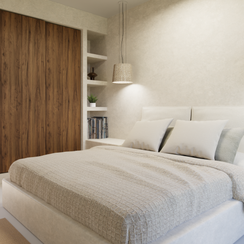 Camera AD2 Habita con letto matrimoniale, armadio in legno scuro e arredi essenziali in stile naturale.