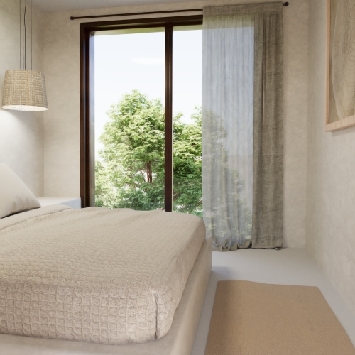 Interno camera AD2 Habita con letto chiaro, vetrata a tutta altezza e vista sulla vegetazione tropicale.