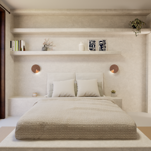 Interno AD2 Habita con testata letto in muratura, mensole integrate e affaccio su terrazza esterna.