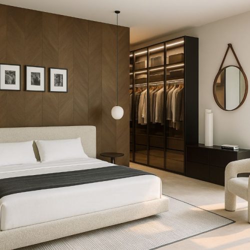 Camera matrimoniale con boiserie in legno, armadio a vista con vetro fumé e letto tessile