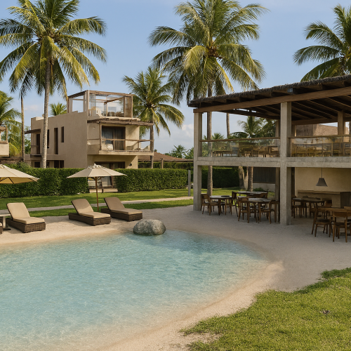 Spazi residenziali AD2 Habita con piscina naturale, architettura minimalista e materiali grezzi in armonia con il paesaggio tropicale.