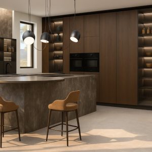 Cucina moderna con isola in marmo, colonne in legno scuro e sedute imbottite