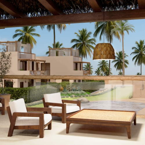 Veranda AD2 Habita con vista giardino e arredi in legno, immersa in contesto tropicale.