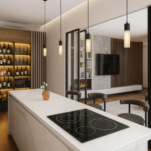 cucina moderna con isola centrale bianca e parete vetrata verso il soggiorno