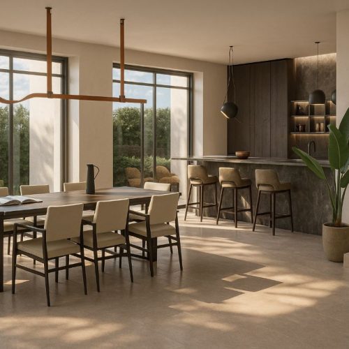 Zona pranzo con tavolo da dodici posti e angolo snack bar con penisola in marmo