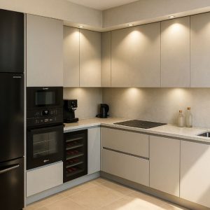 cucina lineare moderna con colonne nere, pensili beige e luci led integrate