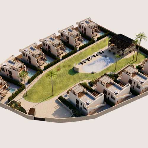 Vista volumetrica dell’intero complesso AD2 Habita a Zanzibar, con dieci ville, piscina centrale e zona ristorante.