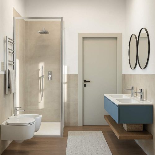 bagno moderno con doppio lavabo sospeso, doccia walk-in e sanitari sospesi