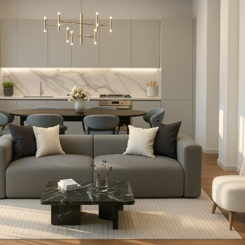 soggiorno open space con cucina lineare, divano grigio e tavolo tondo con sedie azzurre