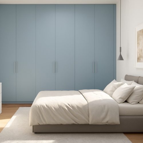 camera da letto con armadio azzurro cielo, letto imbottito e toni neutri