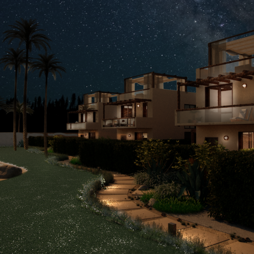 Vista notturna del complesso residenziale AD2 Habita a Zanzibar, con percorso illuminato e cielo stellato.