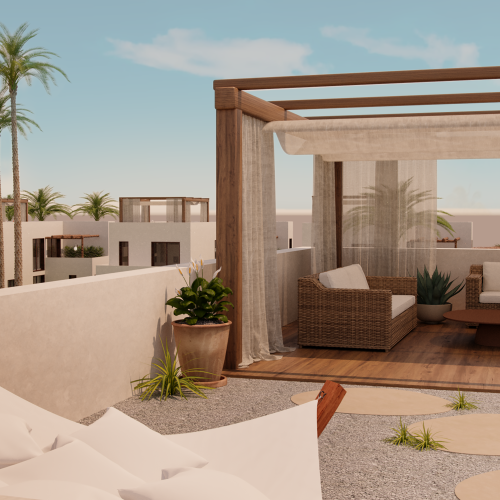 Terrazza AD2 Habita con pergolato in legno, salottino outdoor e vista su architettura tropicale.