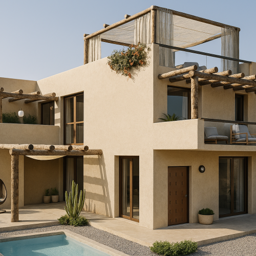 Villa AD2 Habita in stile naturale con pergolati in legno, piscina e finiture materiche color sabbia.